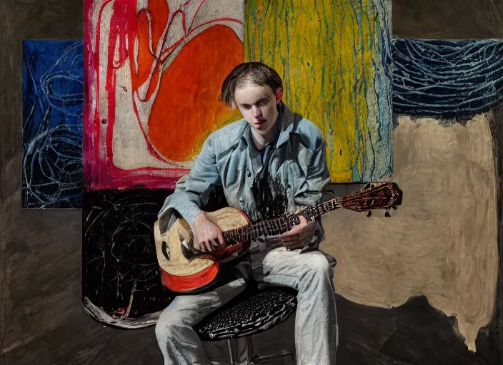 Prompt: nervous boy with acoustic guitar, vincent lefevre and hernan bas and pat steir and peter doig and hilma af klint, psychological, photorealistic, dripping paint, washy brush, rendered in octane, altermodern, masterpiece