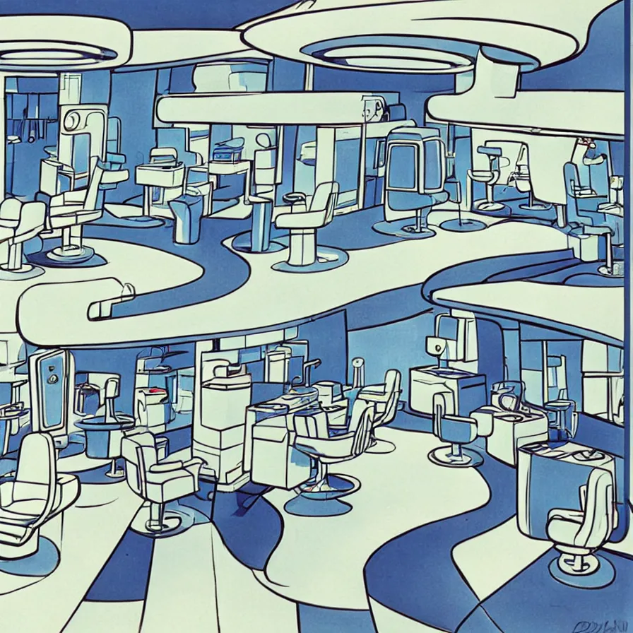 Image similar to concept art of jetsons cartoon scenario of a futuristic hair salon, painted by dieter rams