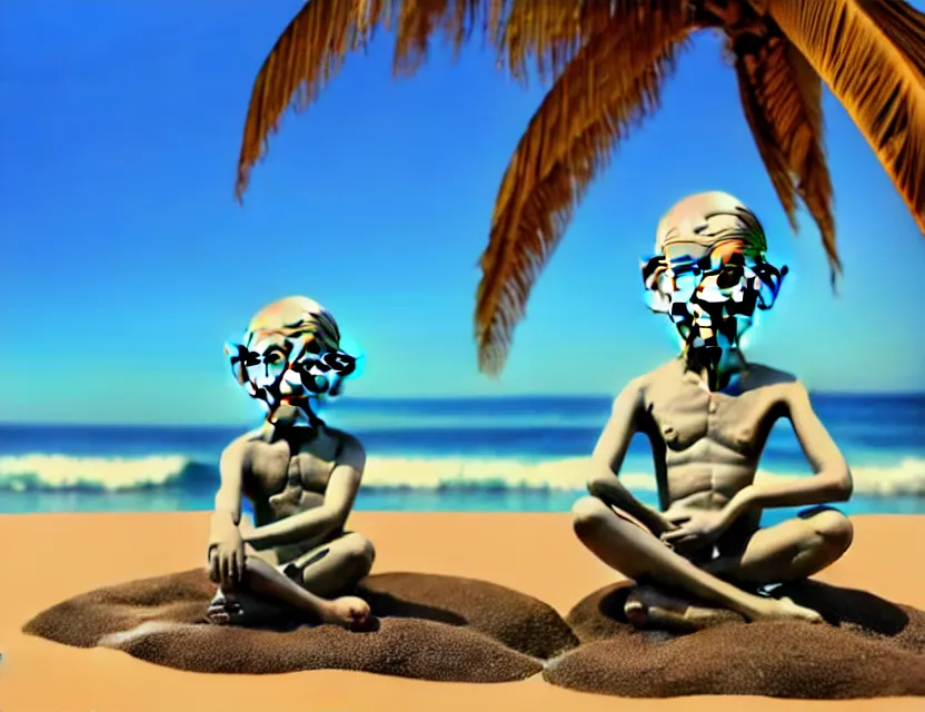 Image similar to gandhi at the beach sitting on the sand next to a campfire with palm trees in the back, big head art, 3 d close up profile portrait, concept artwork, 3 d render, official art, promotional art beautiful intricately detailed, 8 k,