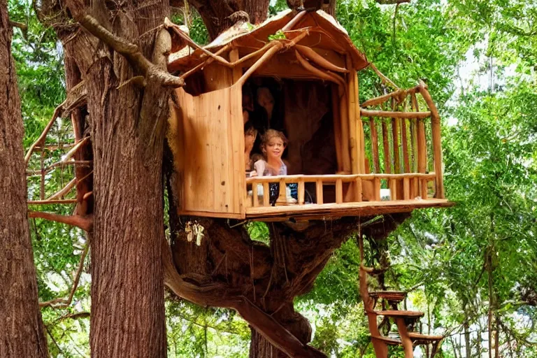 Prompt: a bed made of chocolate inside a tree house