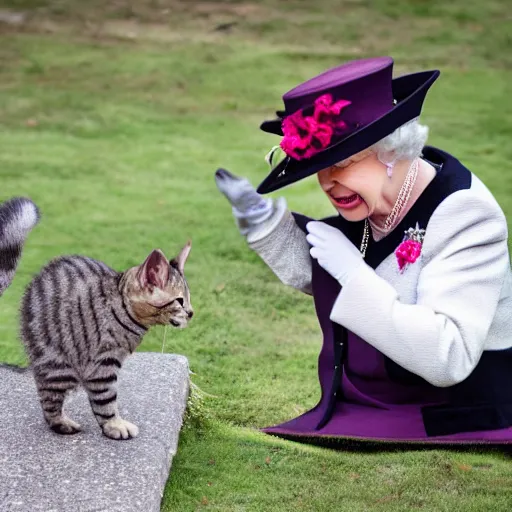 Prompt: queen elizabeth ii screaming at a kitten, canon eos r 3, f / 1. 4, iso 2 0 0, 1 / 1 6 0 s, 8 k, raw, unedited, symmetrical balance, wide angle