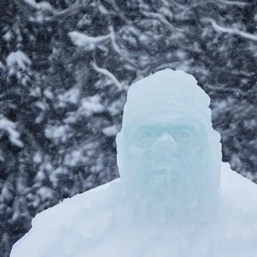 Image similar to an old man made of ice sitting on a throne on the top of a mountain during a snowstorm, front view, 8 k, high quality