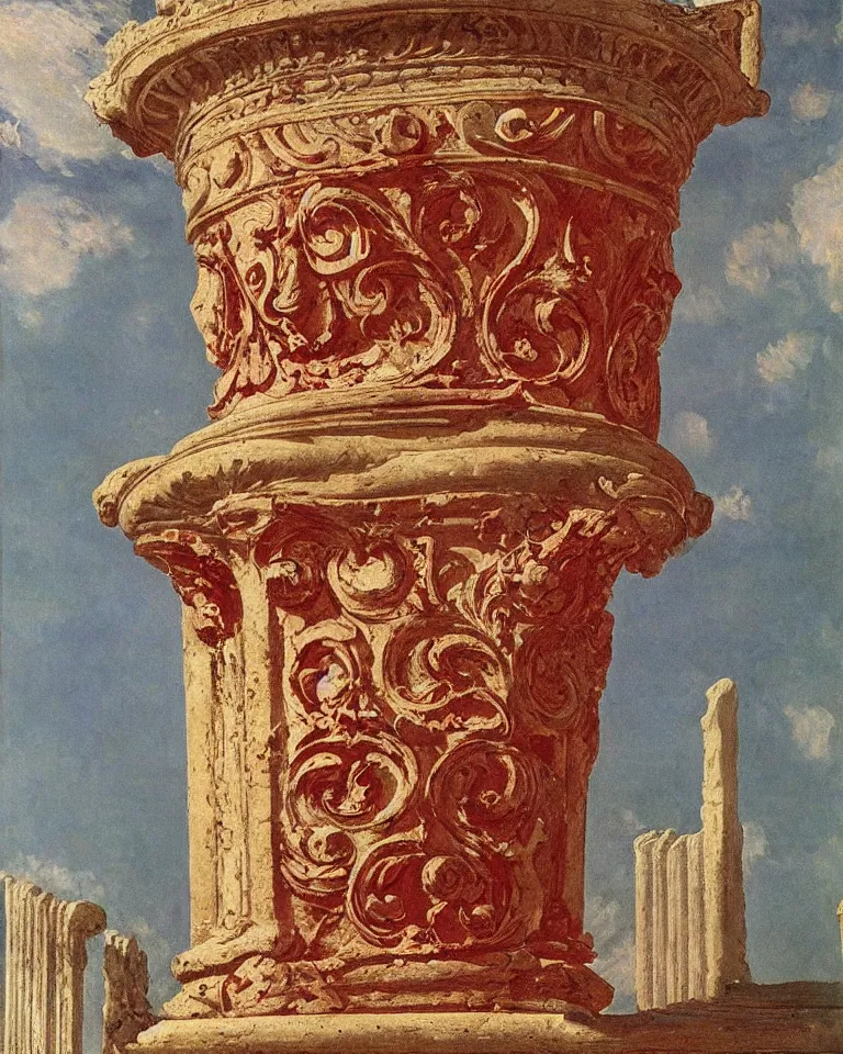 Image similar to achingly beautiful painting of intricate ancient roman corinthian capital on ruby background by rene magritte, monet, and turner. giovanni battista piranesi.