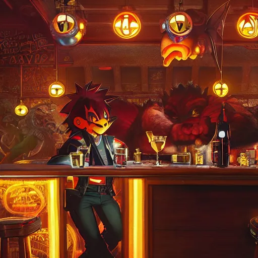 Image similar to an ultra detailed illustration of shadow the hedgehog and bowser sitting in a bar drinking beer, dive bar with a karaoke machine, volumetric lighting, 4 k, octane render, art by greg rutkowski and alphonse mucha and andreas rocha and albert bierstadt