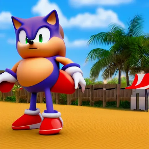 Prompt: a very fat sonic the hedgehog standing outside of a hotdog stand holding a hotdog, happy expression, on the beach scene, ultra - realistic digital art, detailed textures and lighting, detailed character with intricate face detail, 8 k