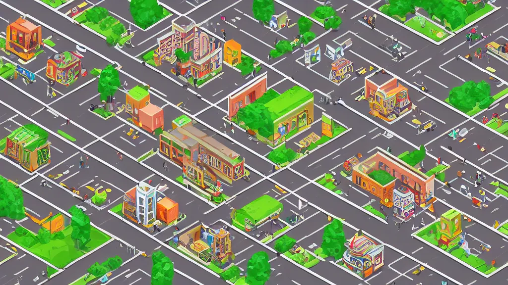 Image similar to avant - garde pushy isometric subway village / city setting