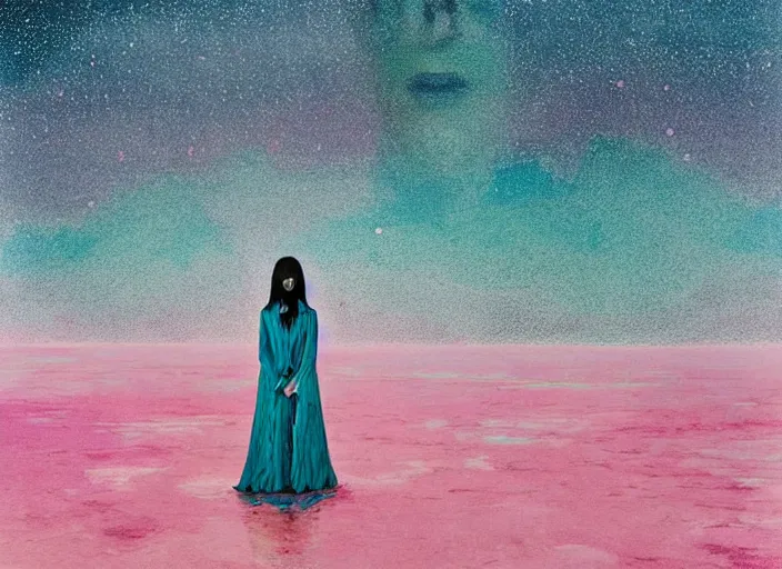 Prompt: lee jin - eun in luxurious flowery dress emerging from pink and turquoise water in salar de uyuni with the ground reflecting the aurora borealis by takato yamamoto, james jean, conrad roset, ruan jia, martine johanna, rule of thirds, elegant look, beautiful, chic, face anatomy, cute complexion