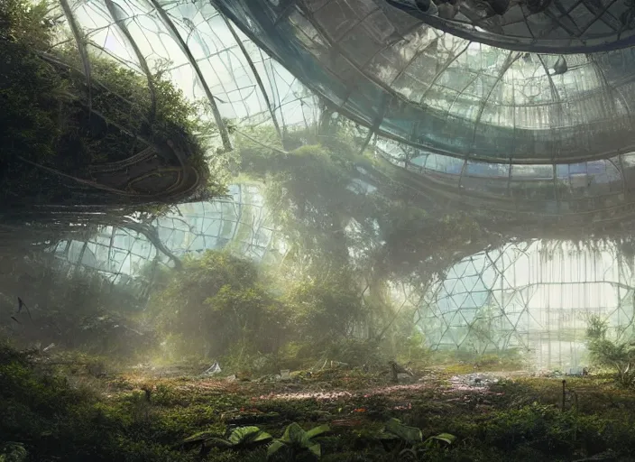 Prompt: highly detailed digital matte painting of a beautiful abandoned, overgrown, damaged biodome, by Raphael LaCoste and Ruan Jia and Robert McCall, postcyberpunk, geodesic dome, hyperdetailed, sunrise, wide shot, autochrome, octane render