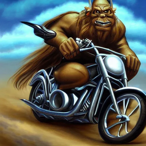 Prompt: soft airbrush art of an orc driving a motorcycle