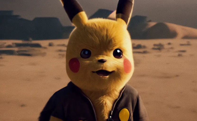 Image similar to cinestill 5 0 d candid photographic portrait by helen levitt of pikachu wearing black rugged techwear on a desolate plain, extreme closeup, modern cyberpunk moody emotional cinematic, dust storm, 8 k, hd, high resolution, 3 5 mm, f / 3 2, ultra realistic faces, detective pikachu ( 2 0 1 9 )