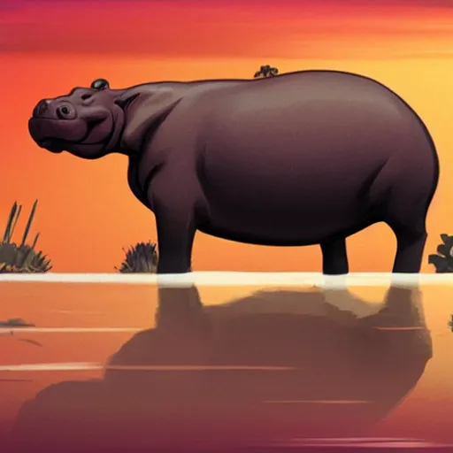 Image similar to a concept art of a hippopotamus riding a bike in the sunset