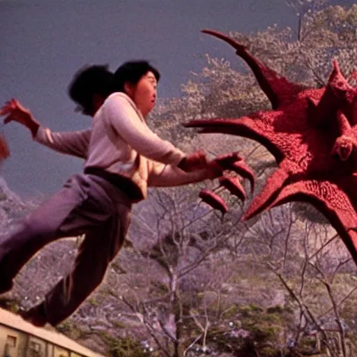 Image similar to a couple escaping from a giant Kaiju Starfish Monster over a traditional Korean village, minimal cinematography by Akira Kurosawa, movie filmstill, film noir, thriller by Kim Jong-il and Shin Sang-ok