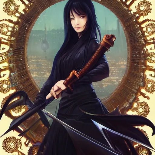 Prompt: portrait of a woman, long black hair, holding sword, in front of a sci fi cityscape, by tetsuya nomura, makoto shinkai, alphonse mucha, detailed, cinematic, wide angle, dark sepia toned shading, luminescent eyes, detailed face, expressive eyes, blue fire everywhere, trending on artstation.