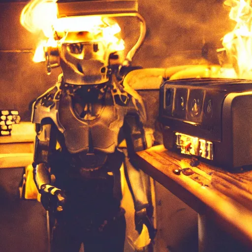 Image similar to cyborg with toaster oven chest, dark messy smoke - filled cluttered workshop, dark, dramatic lighting, orange tint, sparks, cinematic, highly detailed, sci - fi, futuristic, movie still