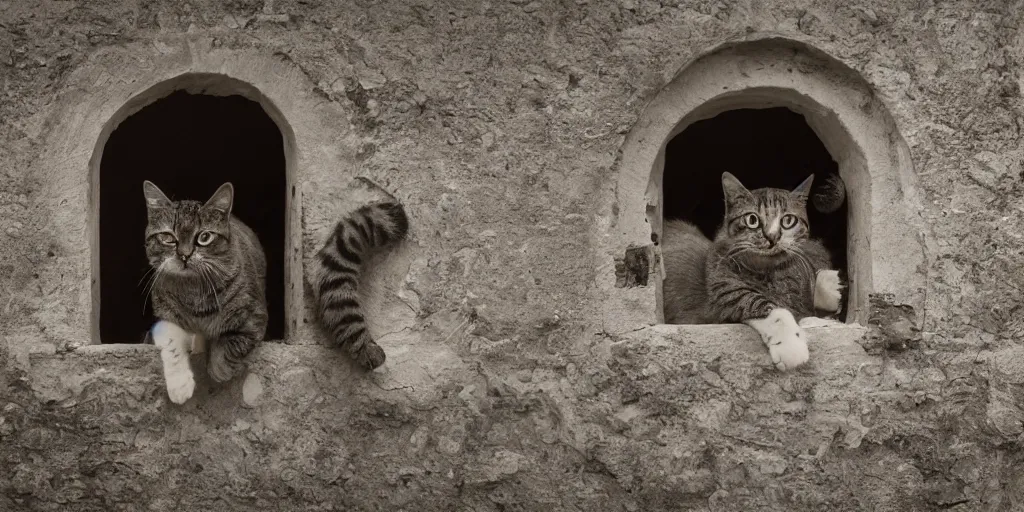 Prompt: photography of a cat with mortadela in his mouth at italian puglia with trulli houses in the background, photoreal, 3 5 mm, award winning photography