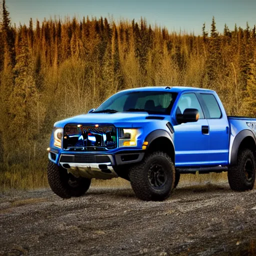 Prompt: a highly detailed photo of a ford raptor in alberta canada at sundown, 4 k high - resolution photograph, ultra detail, hd photo