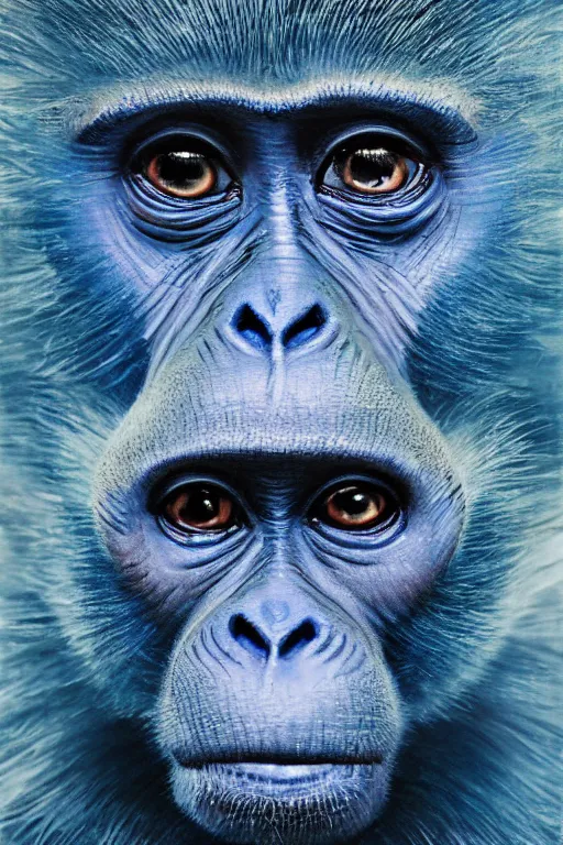 Image similar to blue monkey lying on his back looking up at the stars, oil on canvas, intricate, portrait, 8 k highly professionally detailed, hdr, cgsociety