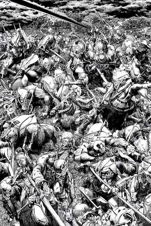 Prompt: surreal line art by kim jung gi!, the battle of pelanor fields from lord of the rings books, vintage fantasy - fi style, rule of third!!!!, line art, 8 k, super detailed, high quality, isometric view