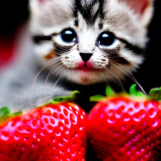 Image similar to macro shot photograph of an extremely tiny baby kitten on top of a strawberry