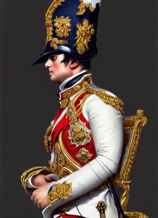 Image similar to portrait of napoleon bonaparte, royalty, extravagant, lord, full body, military uniform, fantasy, intricate, elegant, beautiful, highly detailed, charcoal, centered, dark, smokey, digital painting, artstation, concept art, art by artgerm and greg rutkowski and alphonse mucha