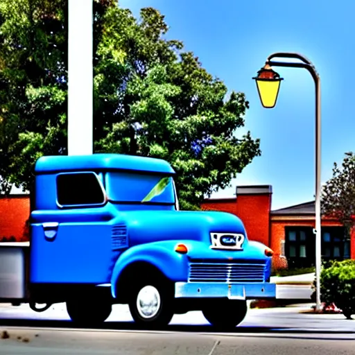 Image similar to blue truck dangling from atop a street light pole