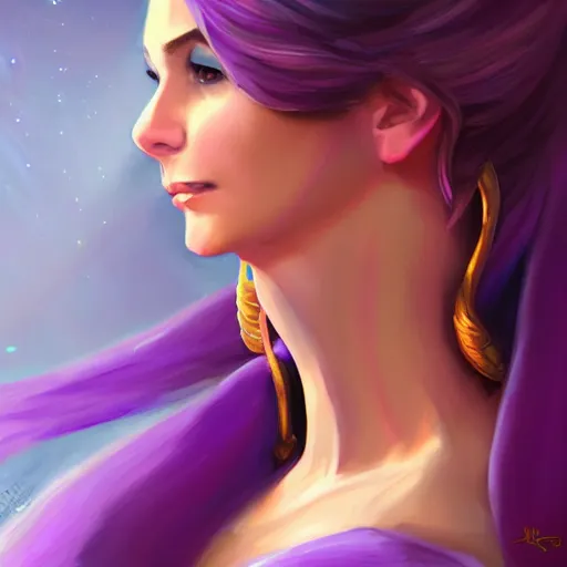 Prompt: portrait of a female genie, expressive pose, pleased expression, violet tones, highly detailed, digital painting, concept art, smooth, artstation