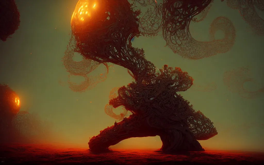 Image similar to the soul crushing weight of unlived dreams inflicts pain on the mind, intricate detailed illustration, fractal, cinematic lighting, wide angle, volumetric light scattering, bioluminescent, 8k, artstation, concept art, octane render, sunset