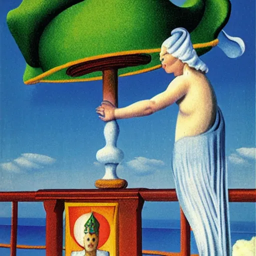 Prompt: An angel with jester hat and clothes on the front of a Balustrade with a beach on the background, major arcana cards, by Rene Magritte, hyperrealistic