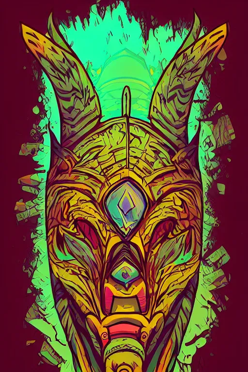 Image similar to totem animal mask tribal feather gemstone plant wood rock shaman vodoo video game vector illustration vivid color borderlands by josan gonzales and dan mumford radiating a glowing aura