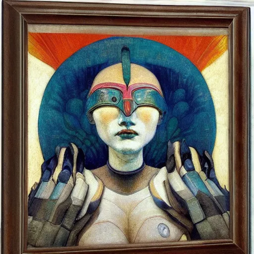 Image similar to the robot queen wearing her bird mask, by annie swynnerton and diego rivera and elihu vedder and jean delville, symbolist, dramatic lighting, elaborate geometric ornament, head and shoulders view, art brut, soft cool colors, smooth, sharp focus, extremely detailed, adolf wolfli, leo and diane dillon, nicholas roerich