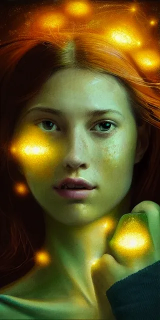 Prompt: an amazed young woman surrounded by golden firefly lights in a mesmerizing scene, sitting amidst nature fully covered, long loose red hair, precise linework, accurate green eyes, small nose with freckles, smooth oval shape face, empathic, bright smile, expressive emotions, hyper realistic ultrafine portrait by artemisia gentileschi, jessica rossier, artgerm