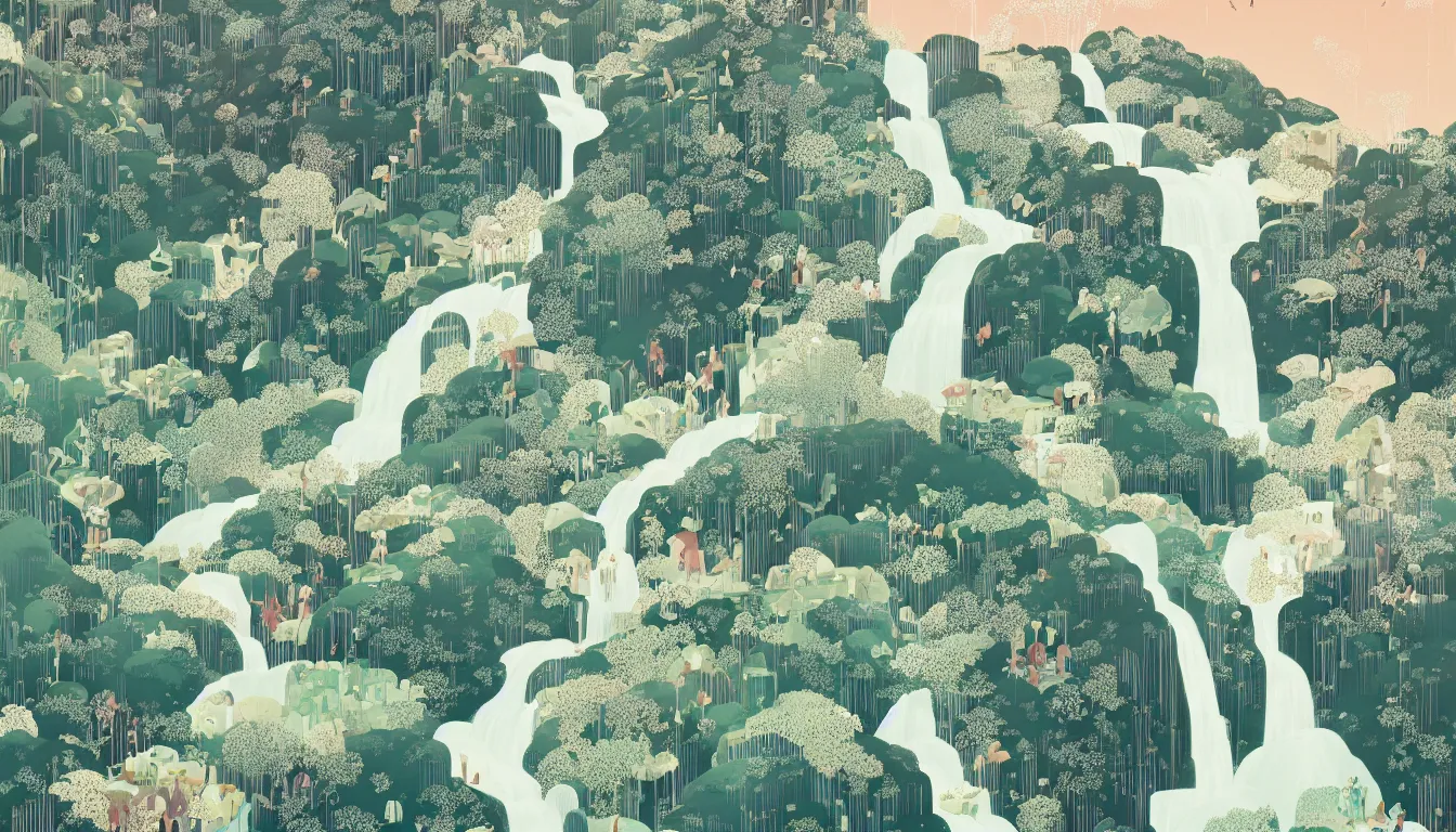 Prompt: waterfall by Victo Ngai, minimalist, detailed