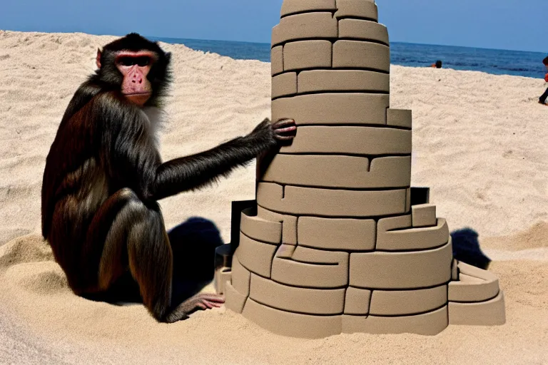 Image similar to a monkey touching a completed sand castle