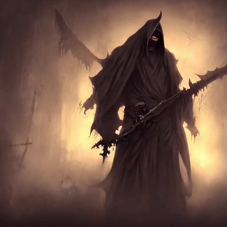 Image similar to grim reaper, demons of hell, haunted spooky foggy graveyard, headshot photo, character concept, dark souls concept art, Feng Zhu concept art, dramatic lighting, highly stylized, trending on artstation, high-quality wallpaper, desktopography