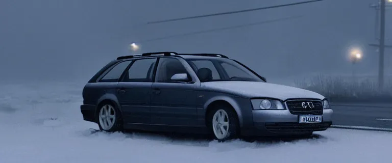 Image similar to Audi A4 B6 Avant (2002), a gritty neo-noir, dramatic lighting, cinematic, eerie person, death, homicide, homicide in the snow, gunshots, establishing shot, extremely high detail, photorealistic, red fog, chaos, arson, burning city, cinematic lighting, artstation, by simon stalenhag, Max Payne (PC) (2001) winter New York at night, In the style of Max Payne 1 graphic novel, flashing lights, Poets of the Fall - Late Goodbye