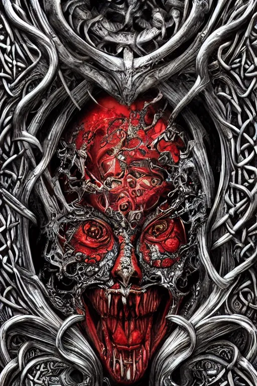 Image similar to the seven deadly sins, horror art, grotesque, zbrush art, majestic, silver filigree, colorful, dark fantasy, celtic knot, anatomical, h r giger style, frank frazetta, ornate, art nouveau, symmetrical, turquoise jewelry, red smoke insanely detailed and intricate, hypermaximalist, elegant, ornate, hyper realistic, super detailed