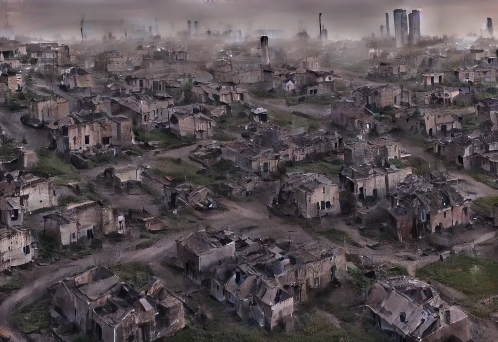 Prompt: dystopian poor village, with decrepit run down houses outside of a much larger town. 8 k, octane render, city in backround, town in foreground, dark, gloomy, sad, polluted