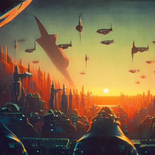 Prompt: An army of futuristic whales robots above a futuristic city with the sunset by Paul Lehr