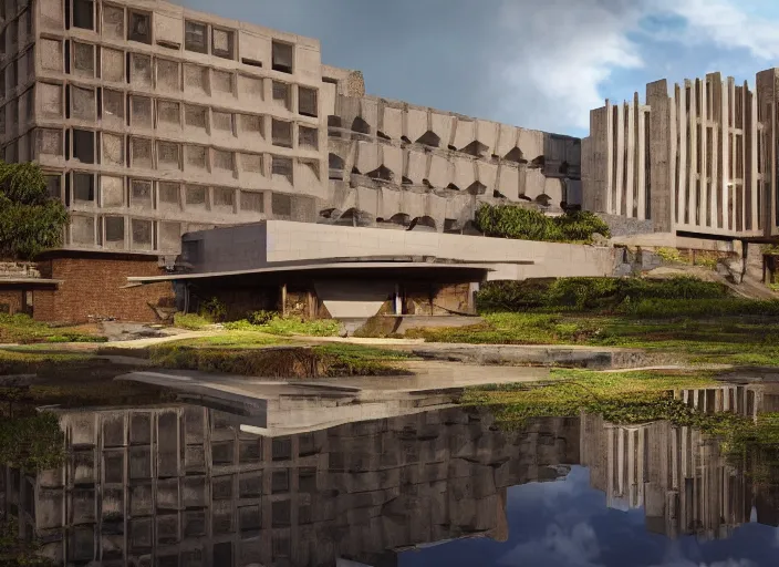 Prompt: a highly detailed brutalist frank lloyd wright building in the rocks, hyperrealism, highly detailed, intricate, cinematic, symmetrical and centered, front facing camera, sitting on a ground filled with puddles and reflections, cinematic, epic lighting, octane nvidia omniverse render in 4 k by syd meade and frederic church