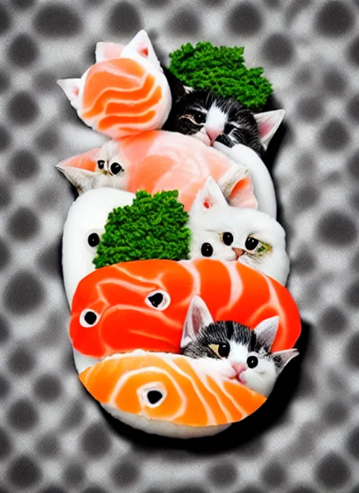 Image similar to clear photorealistic picture of adorable cats made out of sushi