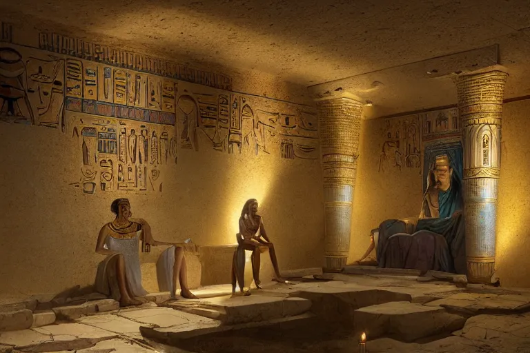 Image similar to interrior of an egyptian tomb with shiney gold and onyx by greg rutkowski and james gurney, trending on artstation, hdr, highly detailed