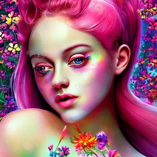 Image similar to a divine feminine woman, pink hair, rosey cheeks, sparkles on eyelids, surrounded by lush flowers and feathers in bright abstract colours, ultra realistic digital painting, artstation, concept art, pop, smooth, sharp focus, illustration, art by mark ryden, and lisa frank 3 d 8 k ultra detailed