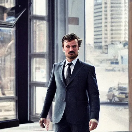 Image similar to kurdish capitalist wearing a suit, dressed smart, in a movie directed by christopher nolan, movie still frame, promotional image, imax 7 0 mm footage