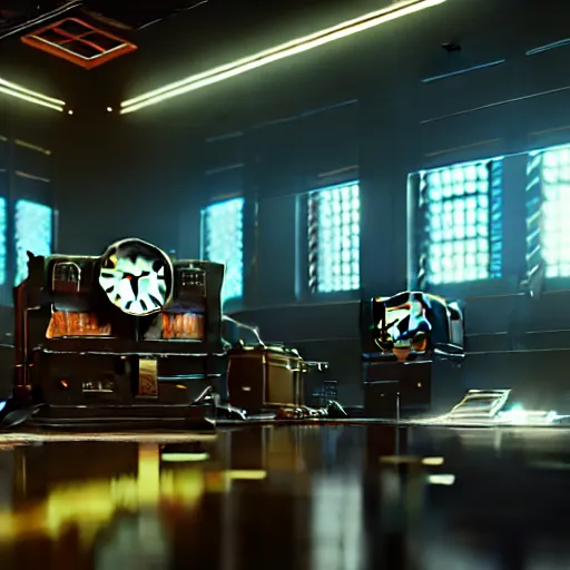 Image similar to clocks in the main office of the time saving bank, cyber punk, retro machinery, futuristic hi-tech details, art by anthony macbain + greg rutkowski + jean giraud, concept art, 4k, sharp focus, cinematic render unreal engine