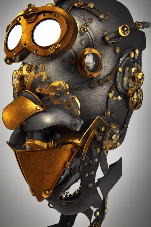 Image similar to steampunk mask minimalist fantasy art robot ninja helmet, global illumination ray tracing hdr fanart arstation by sung choi and eric pfeiffer and gabriel garza and casper konefal radiating a glowing aura