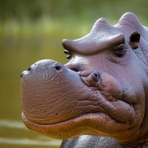 Prompt: a hippopotamus with a golden trophy in its mouth. photograph.