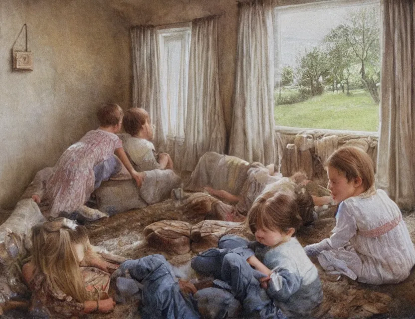 Prompt: peasant kids watching old tv in country house, back view, cottage core, cinematic focus, polaroid photo bleached vintage pastel colors high - key lighting, soft lights, foggy, by steve hanks, by lisa yuskavage, by serov valentin, by tarkovsky, 8 k render, detailed, oil on canvas