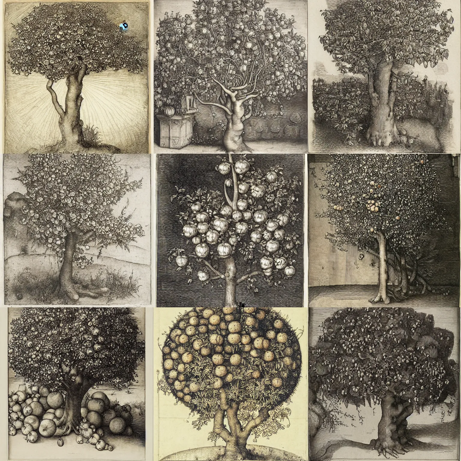 Prompt: albrecht durer, albrecht altdorfer, hans holbein, lucas cranach, gustave dore, engraving of an orange tree with blossoms