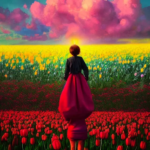 Image similar to large tulip as a head, girl standing in a flower field, surreal photography, sunrise dramatic light, impressionist painting, colorful clouds, digital painting, artstation, simon stalenhag