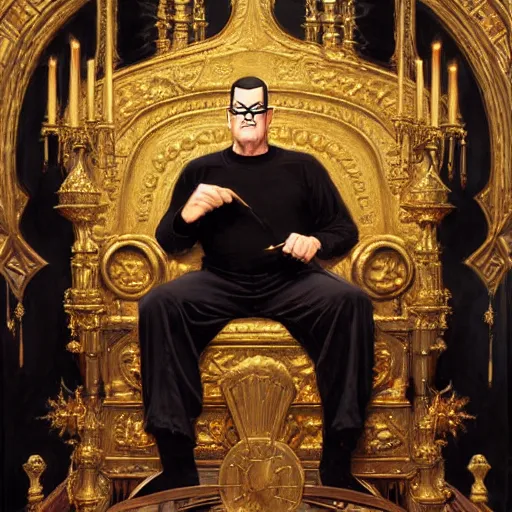 Prompt: perfectly centered portrait of hank hill in gold gothic robe sitting on a throne of black bones, highly detailed painting by gaston bussiere, craig mullins, j. c. leyendecker, 8 k, mid shot